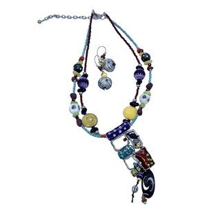 Bohemian Glass Bead Artisan Necklace & Pierced Earring Set Handmade